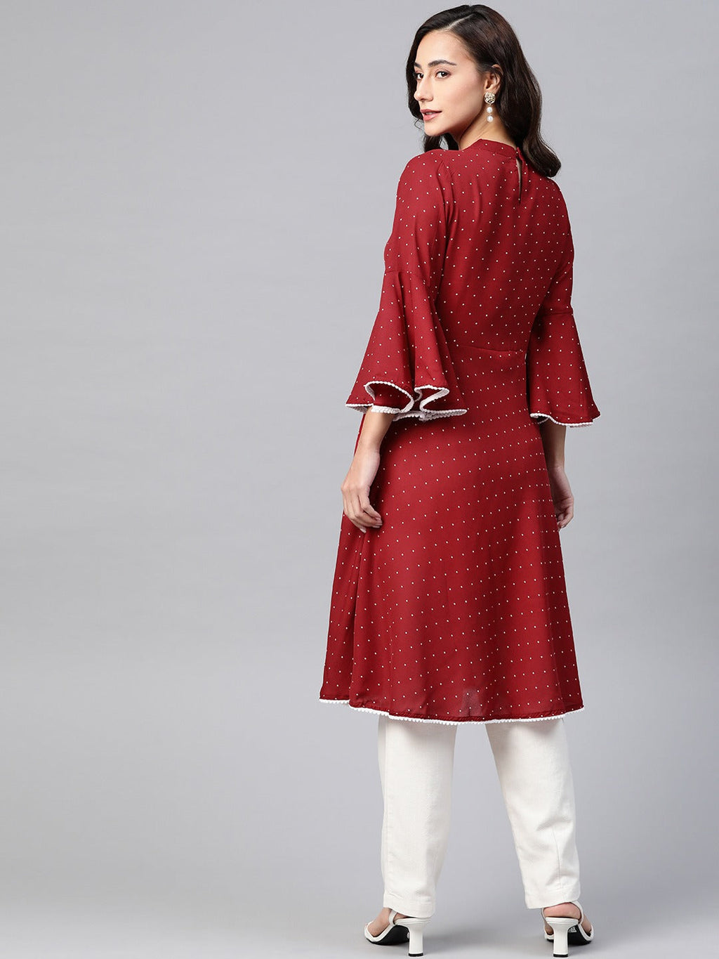 Jompers Women Maroon & White Polka Dots Print Bell Sleeves Anarkali Kurta - Distacart