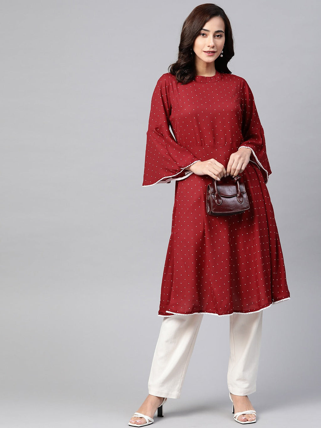 Jompers Women Maroon & White Polka Dots Print Bell Sleeves Anarkali Kurta - Distacart