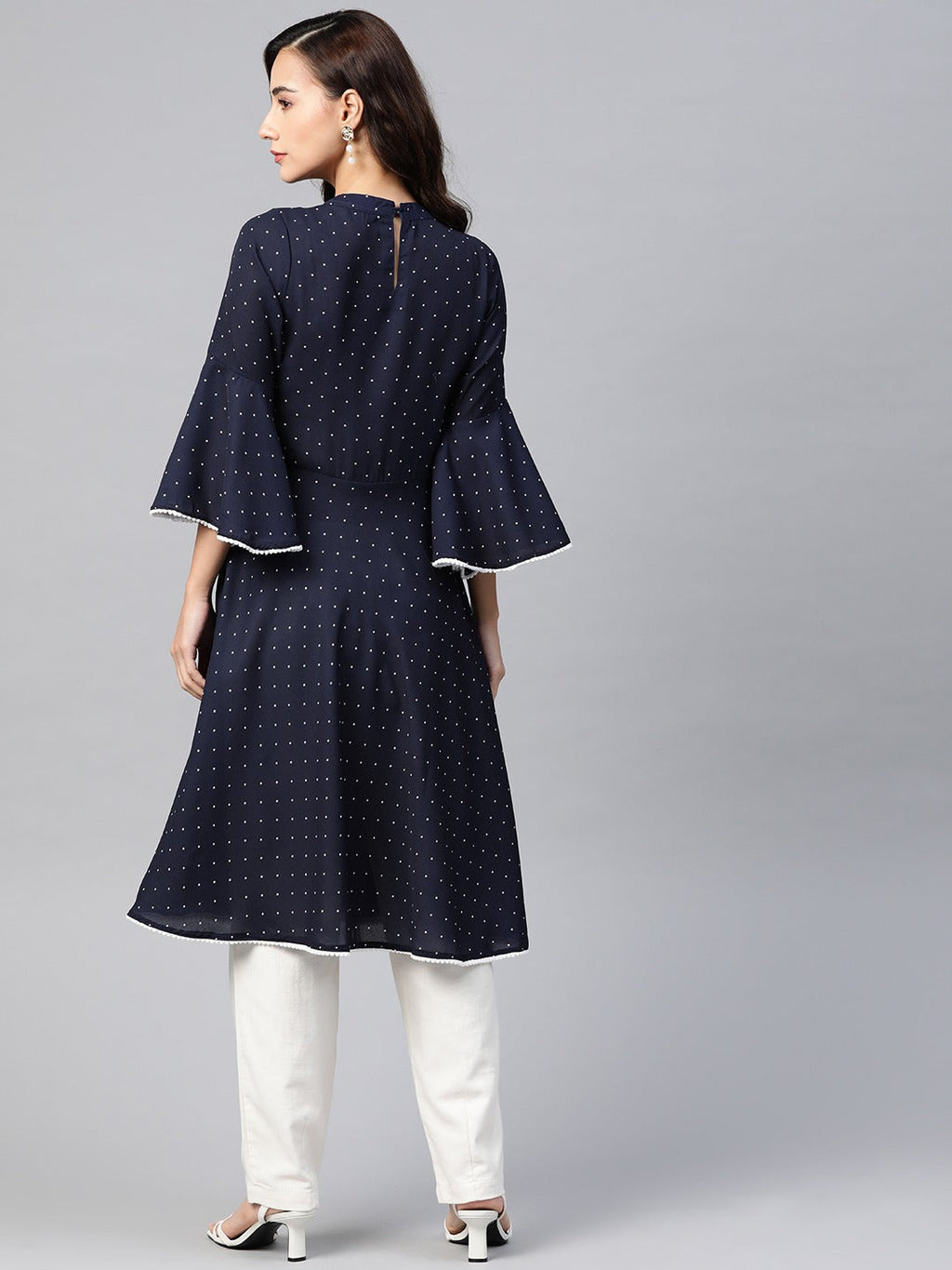 Jompers Women Navy Blue & White Polka Dots Print Bell Sleeves Anarkali Kurta - Distacart