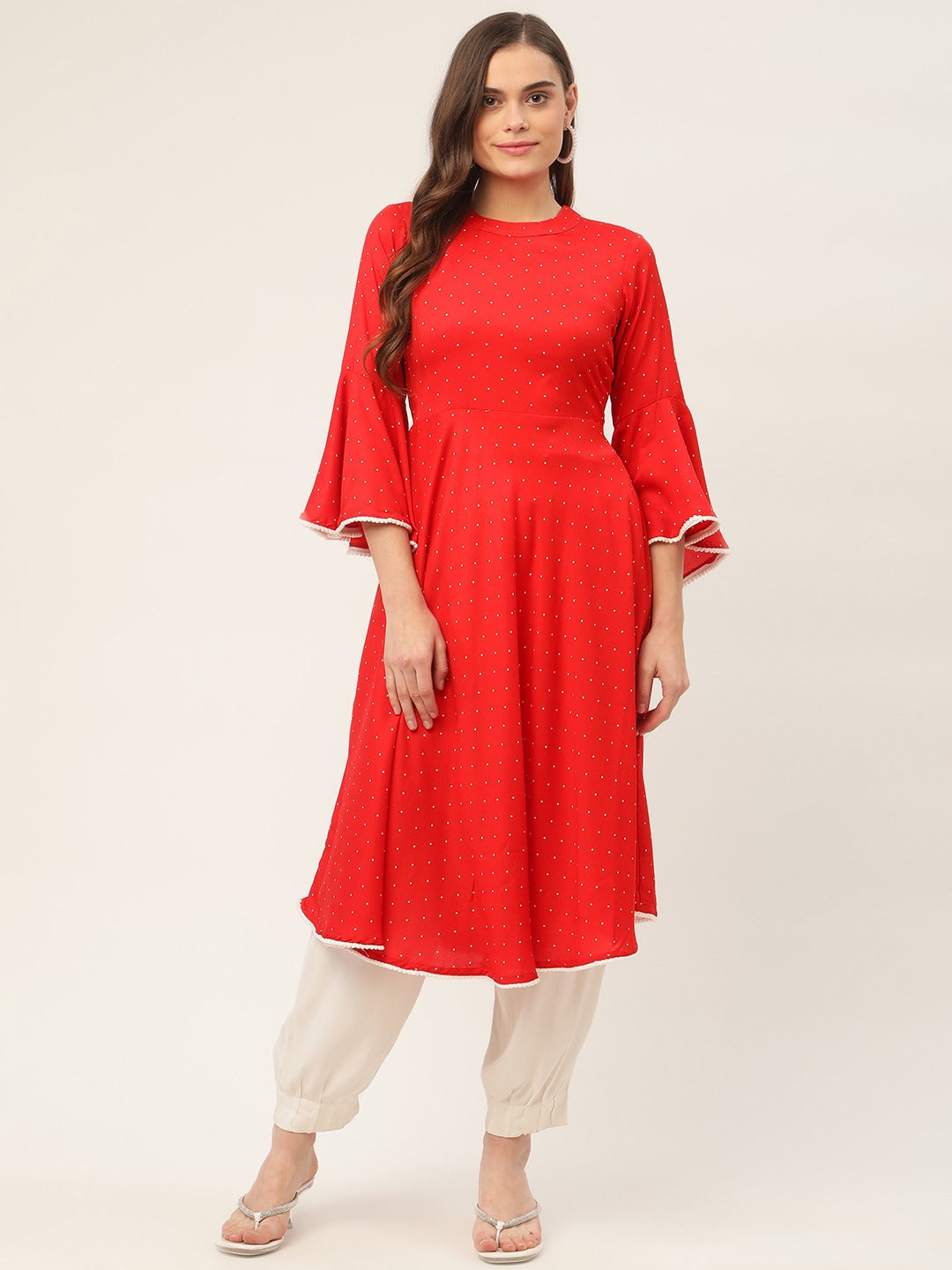 Jompers Women Flared Sleeves, Pom-Pom Lace Flared Kurta (Red)