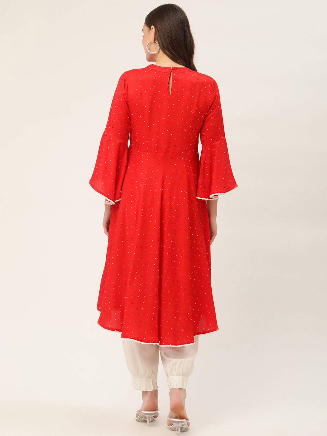 Jompers Women Flared Sleeves, Pom-Pom Lace Flared Kurta (Red)