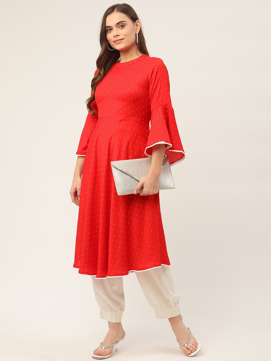 Jompers Women Flared Sleeves, Pom-Pom Lace Flared Kurta (Red)
