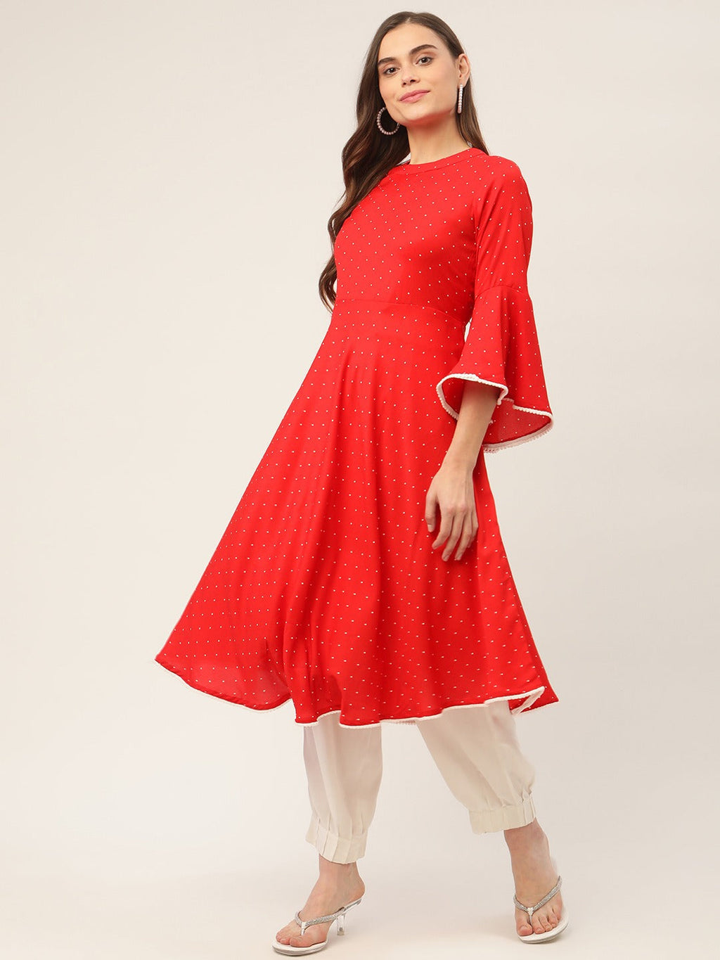 Jompers Women Flared Sleeves, Pom-Pom Lace Flared Kurta (Red)