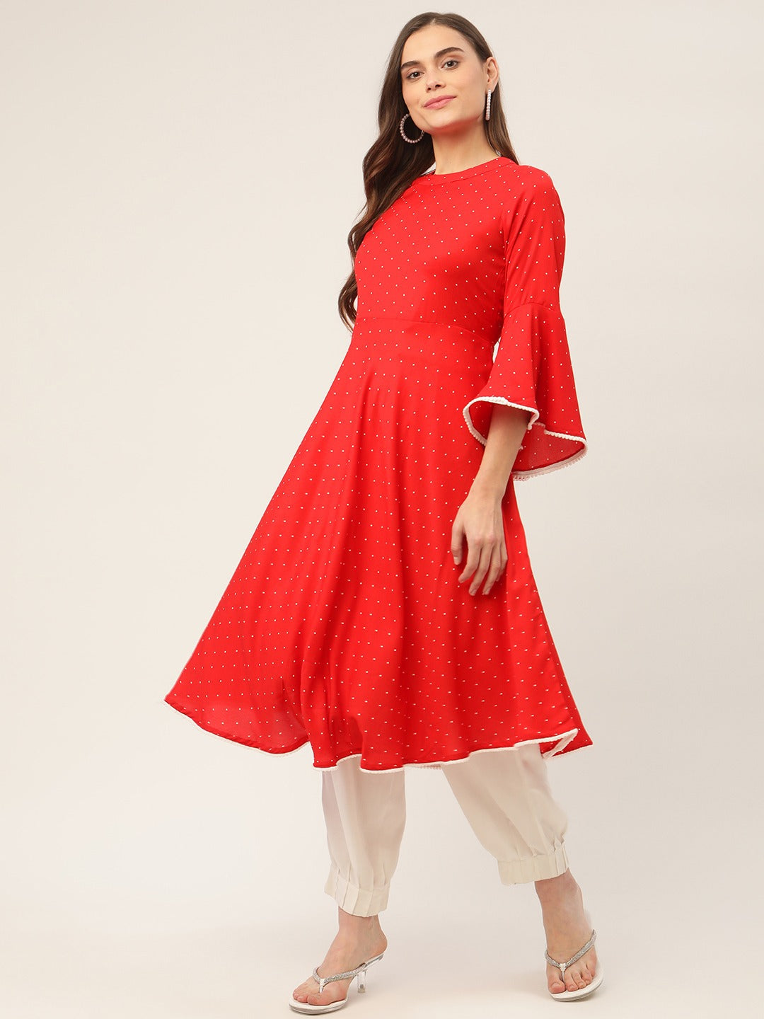 Jompers Women Flared Sleeves, Pom-Pom Lace Flared Kurta (Red)
