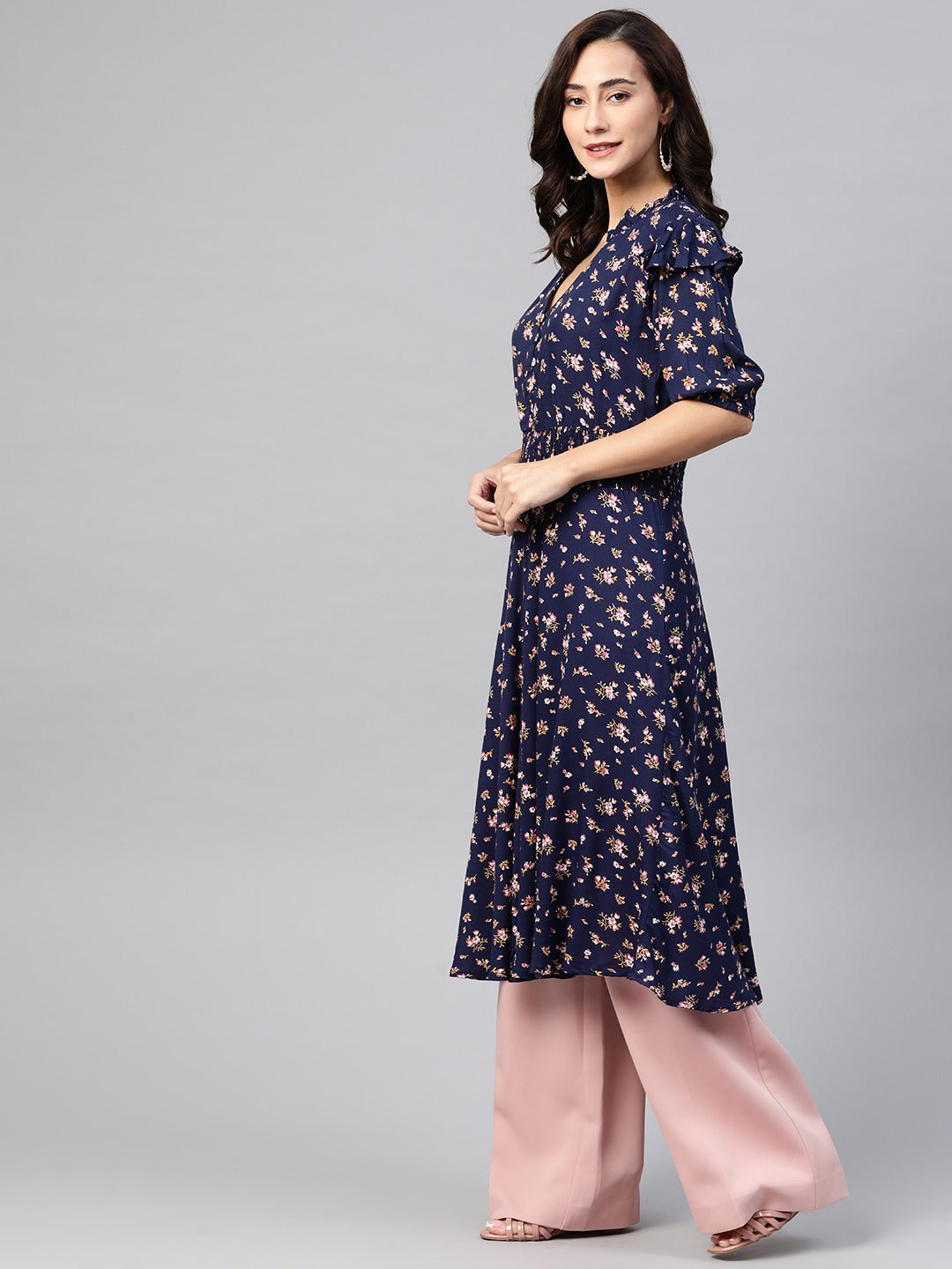Jompers Women Navy Blue & Pink Floral Printed Floral Anarkali Kurta - Distacart