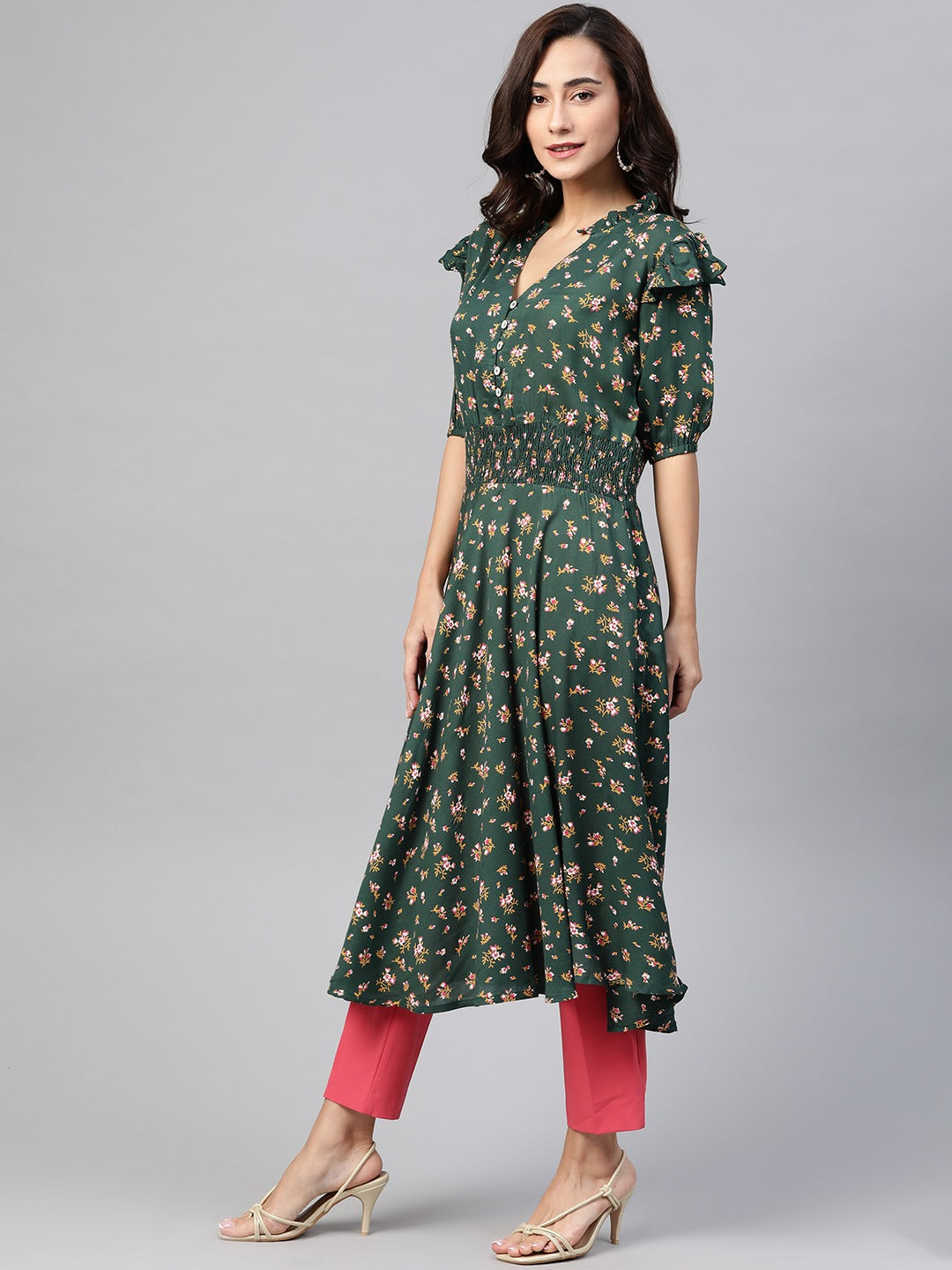 Jompers Women Green & Pink Floral Printed Floral Anarkali Kurta - Distacart