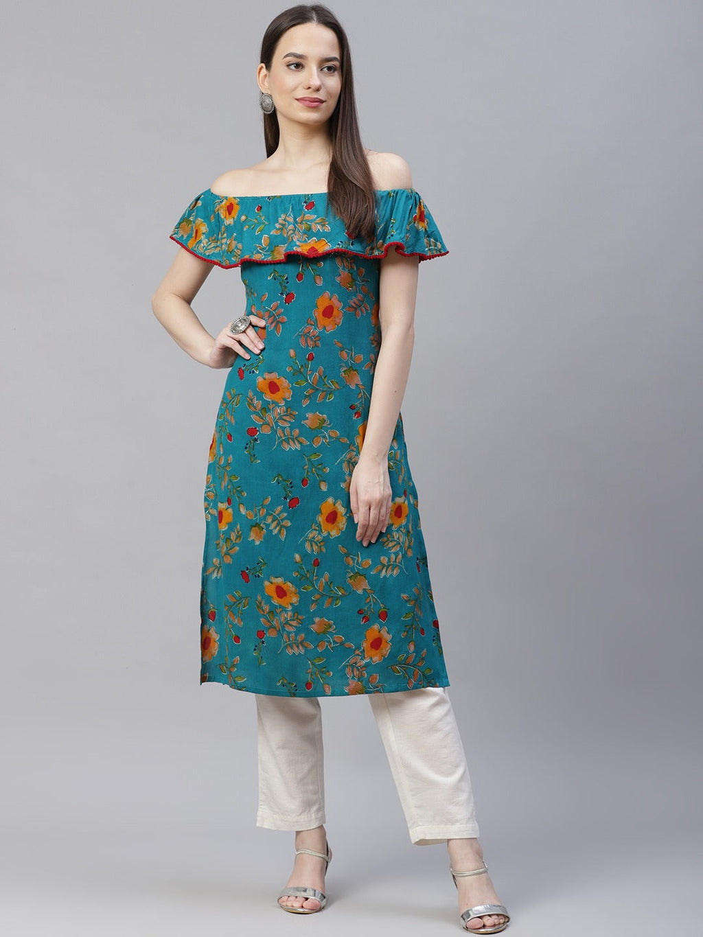 Jompers Women Rama-Green & Yellow Floral Printed Straight Kurta - Distacart