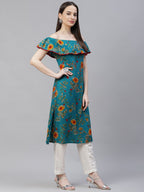Jompers Women Rama-Green & Yellow Floral Printed Straight Kurta - Distacart