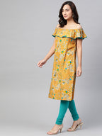 Jompers Women Mustard Yellow & Teal Blue Floral Printed Straight Kurta - Distacart