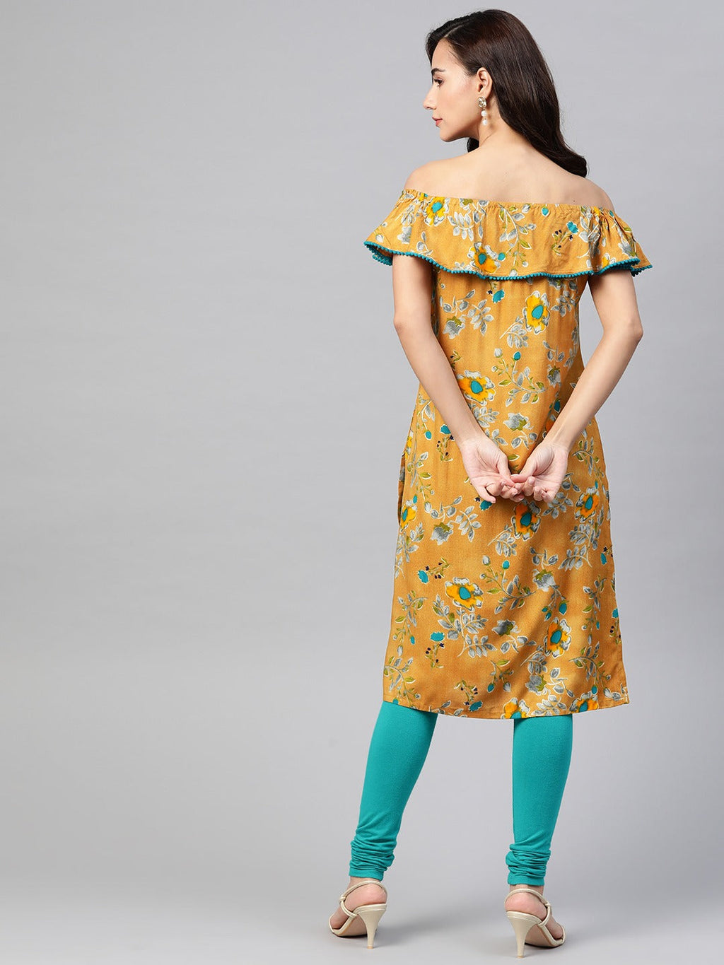 Jompers Women Mustard Yellow & Teal Blue Floral Printed Straight Kurta - Distacart