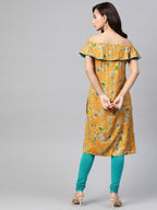 Jompers Women Mustard Yellow & Teal Blue Floral Printed Straight Kurta - Distacart