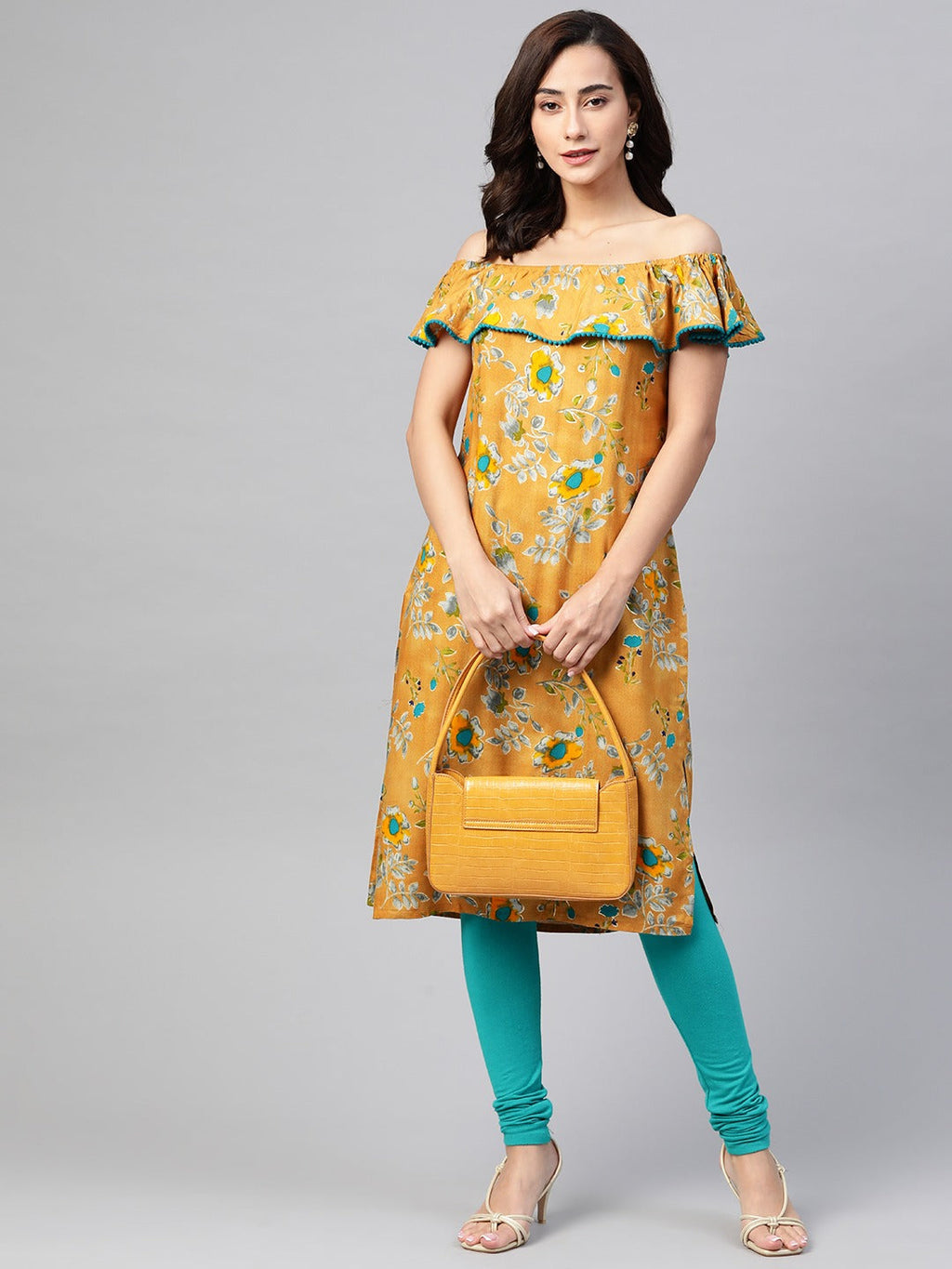 Jompers Women Mustard Yellow & Teal Blue Floral Printed Straight Kurta - Distacart