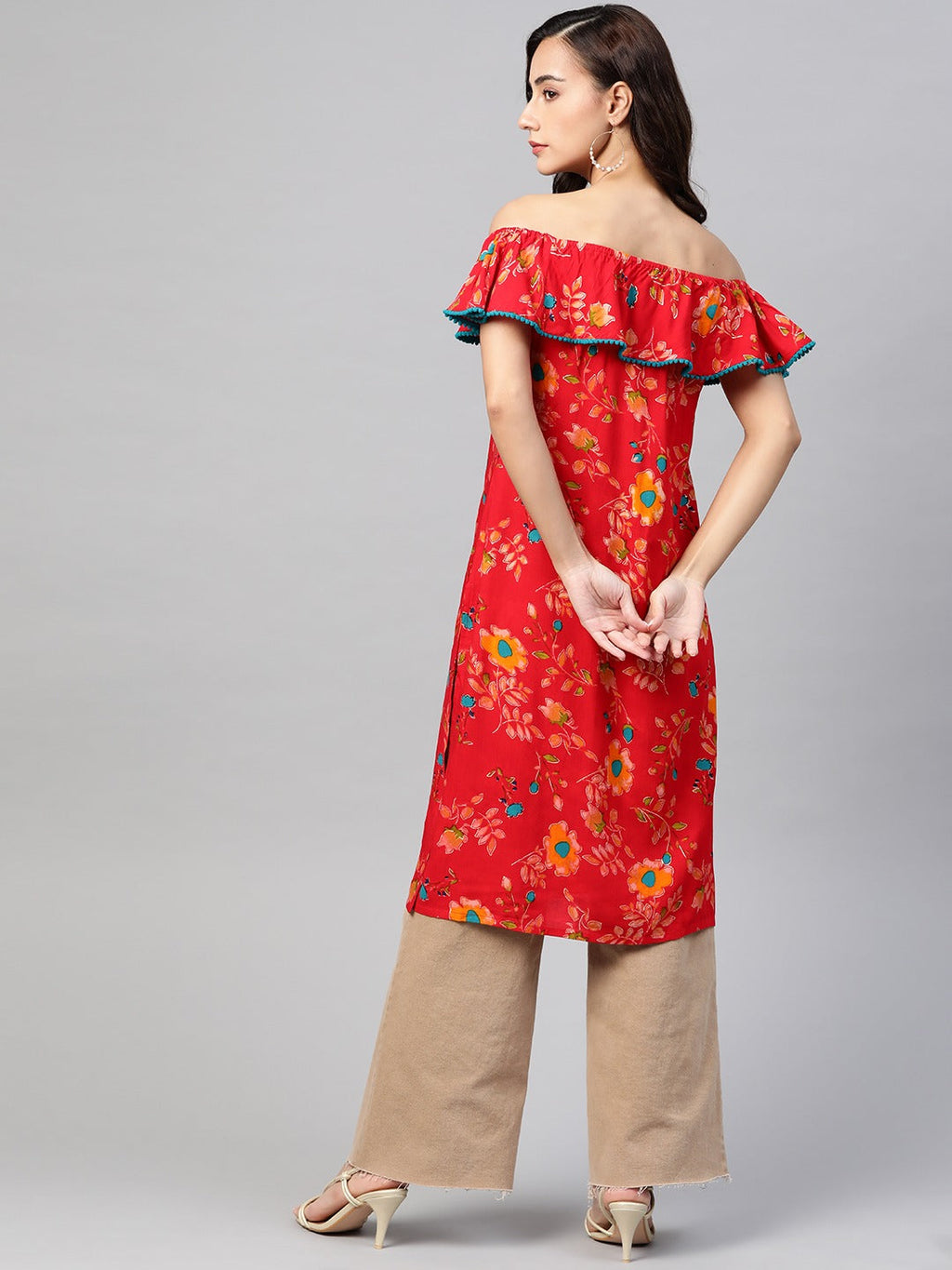 Jompers Women Red & Yellow Floral Printed Straight Kurta - Distacart