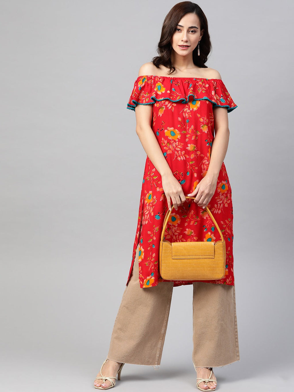 Jompers Women Red & Yellow Floral Printed Straight Kurta - Distacart