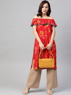 Jompers Women Red & Yellow Floral Printed Straight Kurta - Distacart