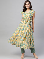 Jompers Women Beige, Blue & Green Floral Printed Georgette Kurta - Distacart
