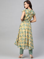 Jompers Women Beige, Blue & Green Floral Printed Georgette Kurta - Distacart