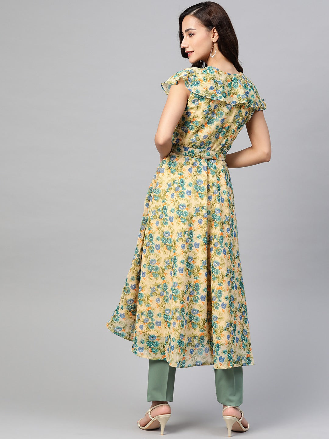 Jompers Women Beige, Blue & Green Floral Printed Georgette Kurta - Distacart