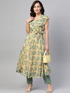 Jompers Women Beige, Blue & Green Floral Printed Georgette Kurta - Distacart
