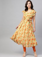 Jompers Women Beige, Orange & Green Floral Printed Georgette Kurta - Distacart