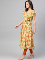 Jompers Women Beige, Orange & Green Floral Printed Georgette Kurta - Distacart