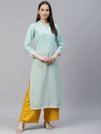 Jompers Women Blue & Off White Pure Cotton Ethnic Motifs Printed Kurta - Distacart