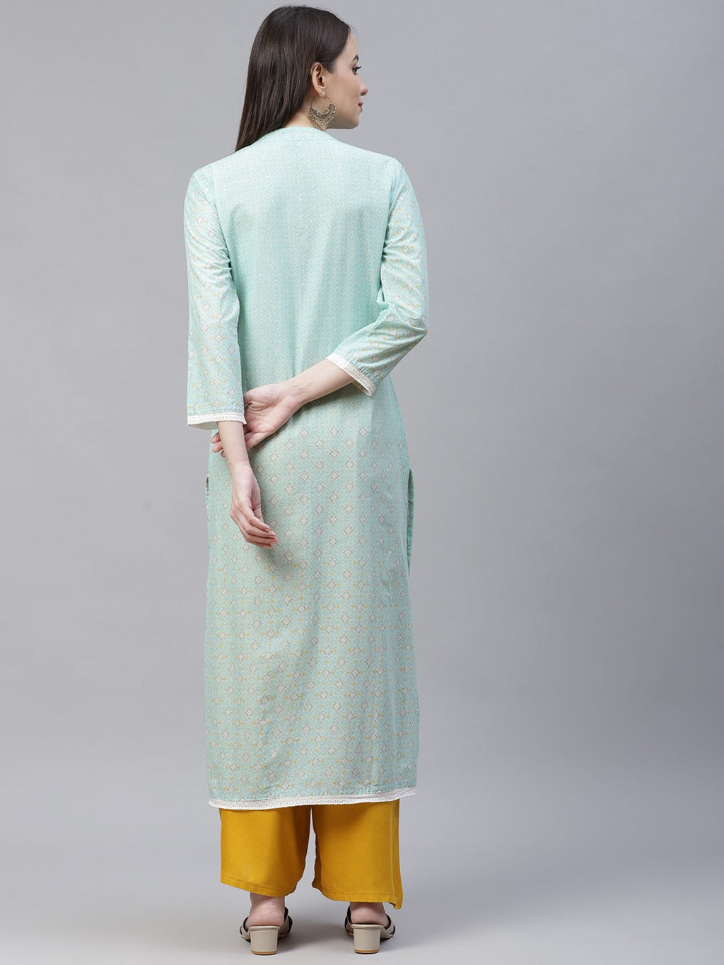 Jompers Women Blue & Off White Pure Cotton Ethnic Motifs Printed Kurta - Distacart
