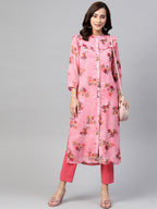 Jompers Women Pink & Olive Green Floral Printed Frills Straight Kurta - Distacart