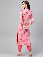 Jompers Women Pink & Olive Green Floral Printed Frills Straight Kurta - Distacart