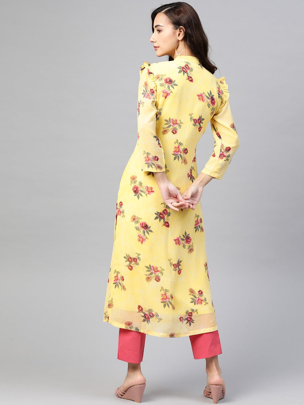 Jompers Women Yelloe & Pink Floral Printed Frills Bows and Ruffles Straight Kurta - Distacart