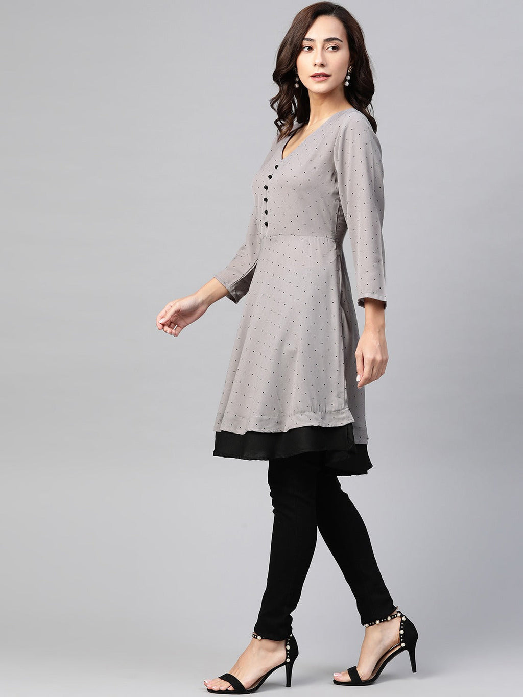 Jompers Women Grey & Black Polka Dots Printed Flaired Kurta - Distacart
