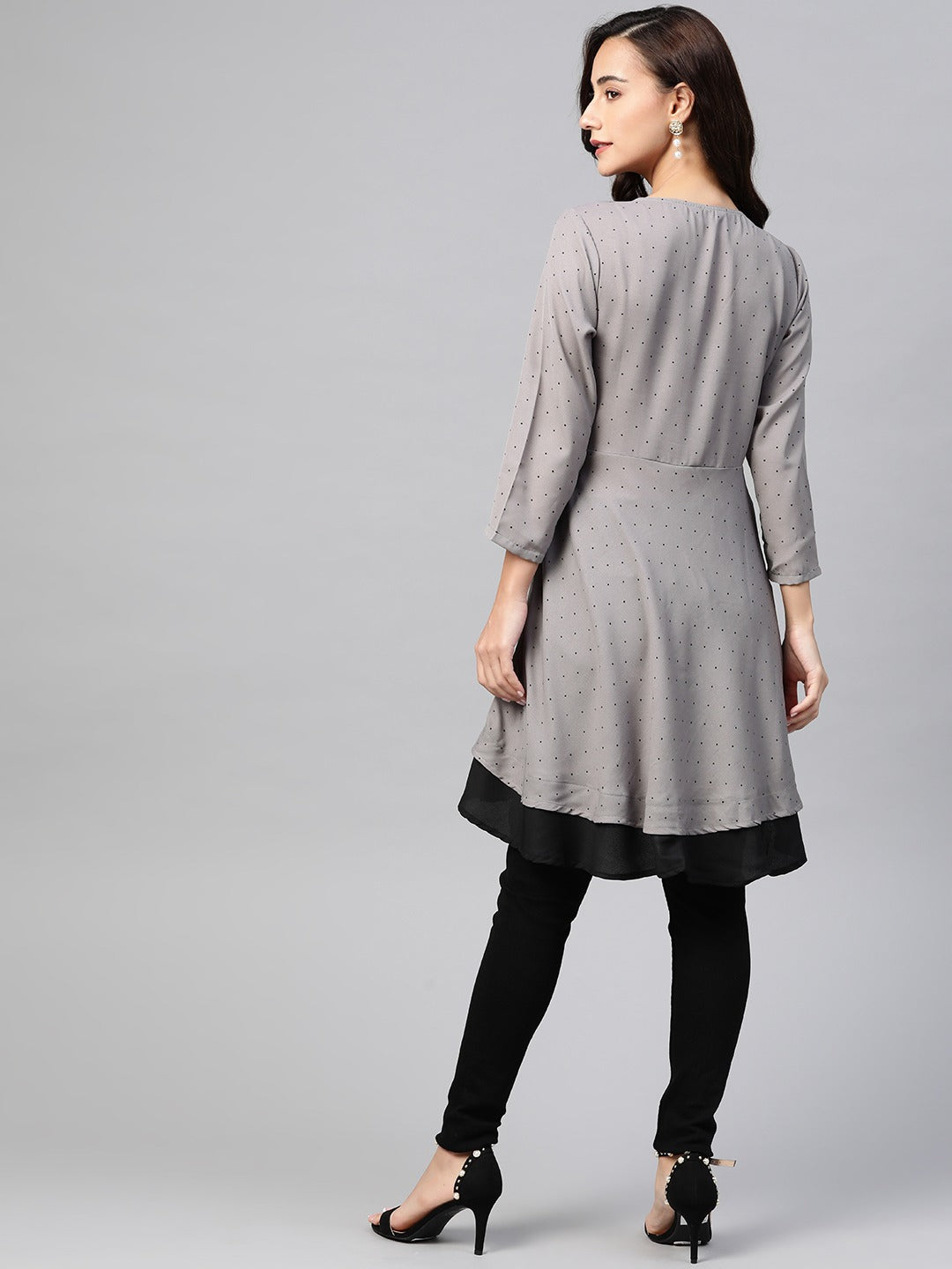 Jompers Women Grey & Black Polka Dots Printed Flaired Kurta - Distacart