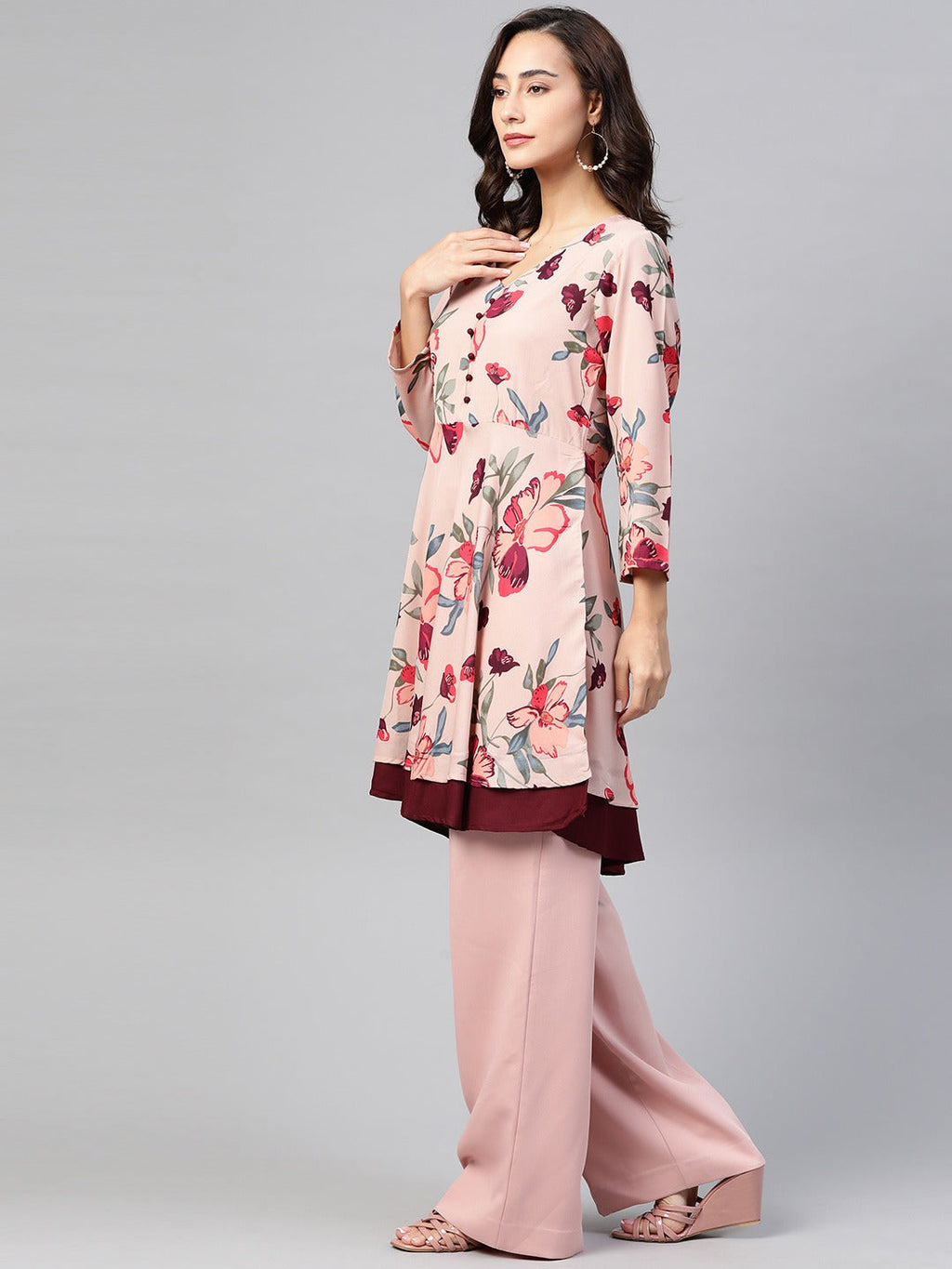Jompers Women Peach & Maroon Floral Printed Floral Flared Kurta - Distacart