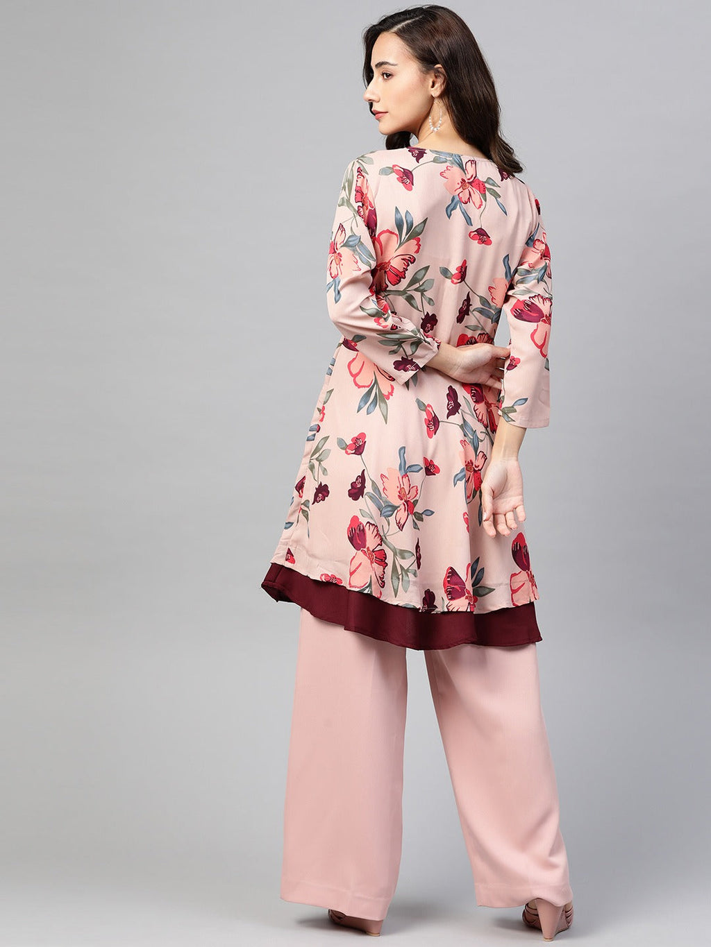 Jompers Women Peach & Maroon Floral Printed Floral Flared Kurta - Distacart