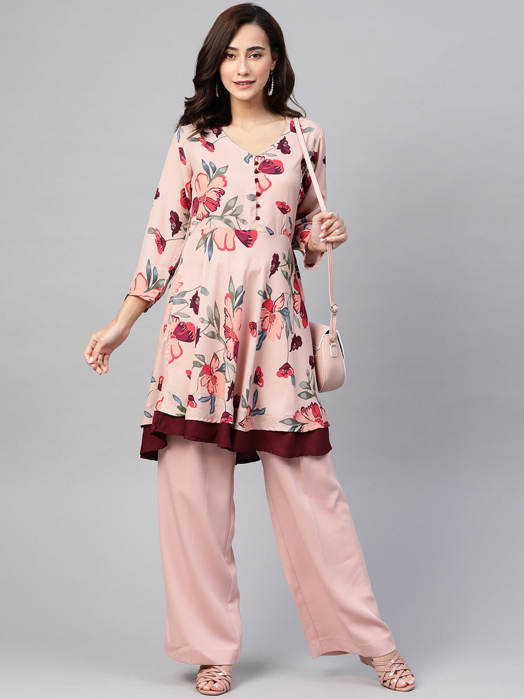 Jompers Women Peach & Maroon Floral Printed Floral Flared Kurta - Distacart