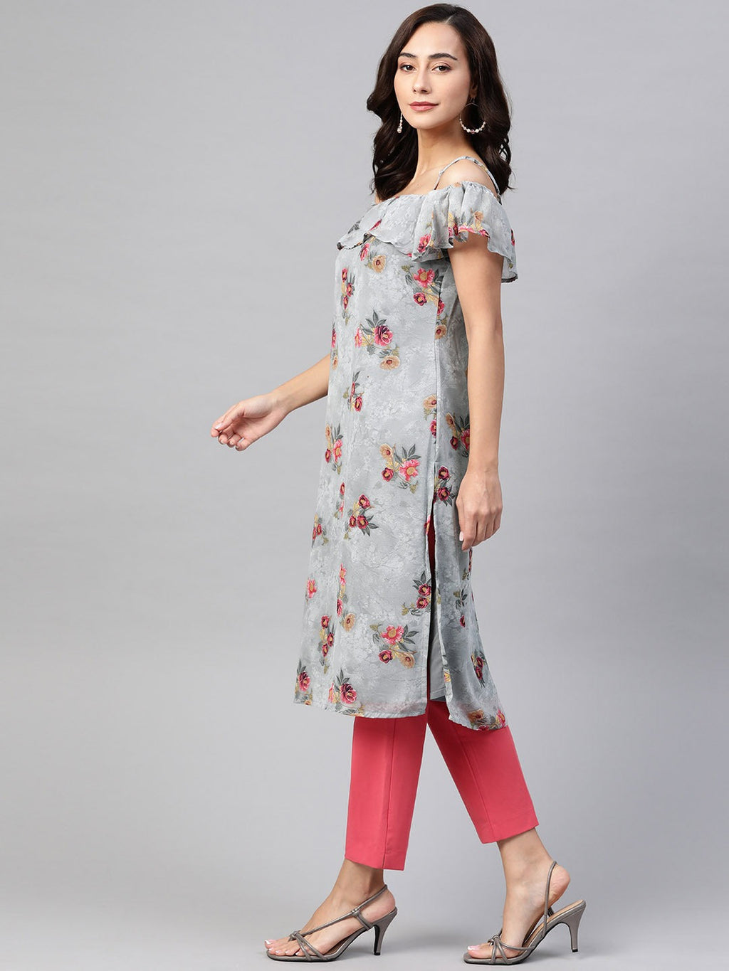 Jompers Women Grey & Pink Floral Printed Off-Shoulder Floral Kurta - Distacart
