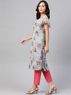 Jompers Women Grey & Pink Floral Printed Off-Shoulder Floral Kurta - Distacart