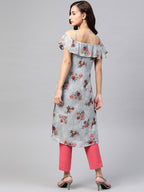 Jompers Women Grey & Pink Floral Printed Off-Shoulder Floral Kurta - Distacart