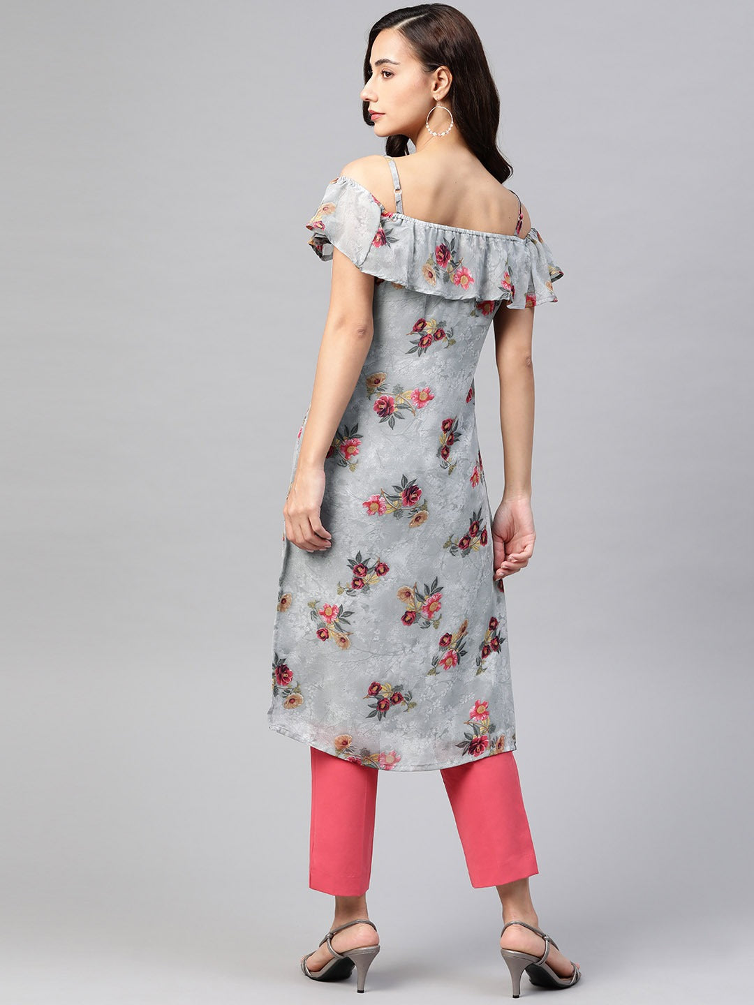 Jompers Women Grey & Pink Floral Printed Off-Shoulder Floral Kurta - Distacart