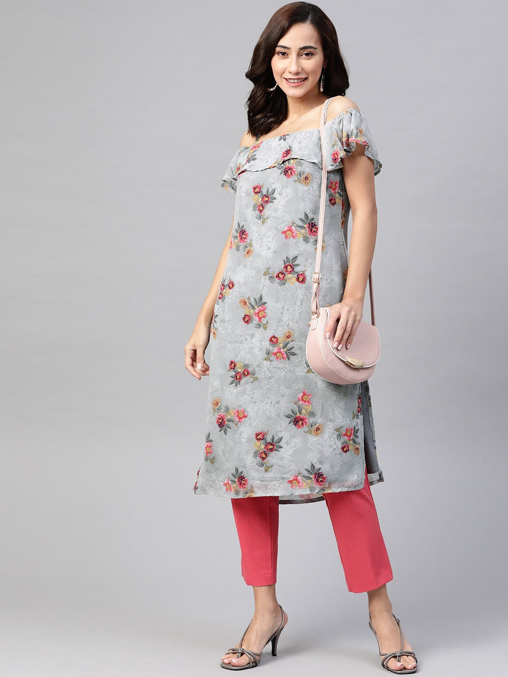 Jompers Women Grey & Pink Floral Printed Off-Shoulder Floral Kurta - Distacart