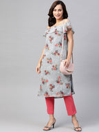 Jompers Women Grey & Pink Floral Printed Off-Shoulder Floral Kurta - Distacart