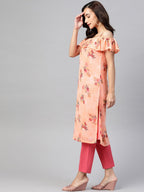 Jompers Women Peach-Coloured & Grey Floral Print Off-Shoulder Straight Kurta - Distacart