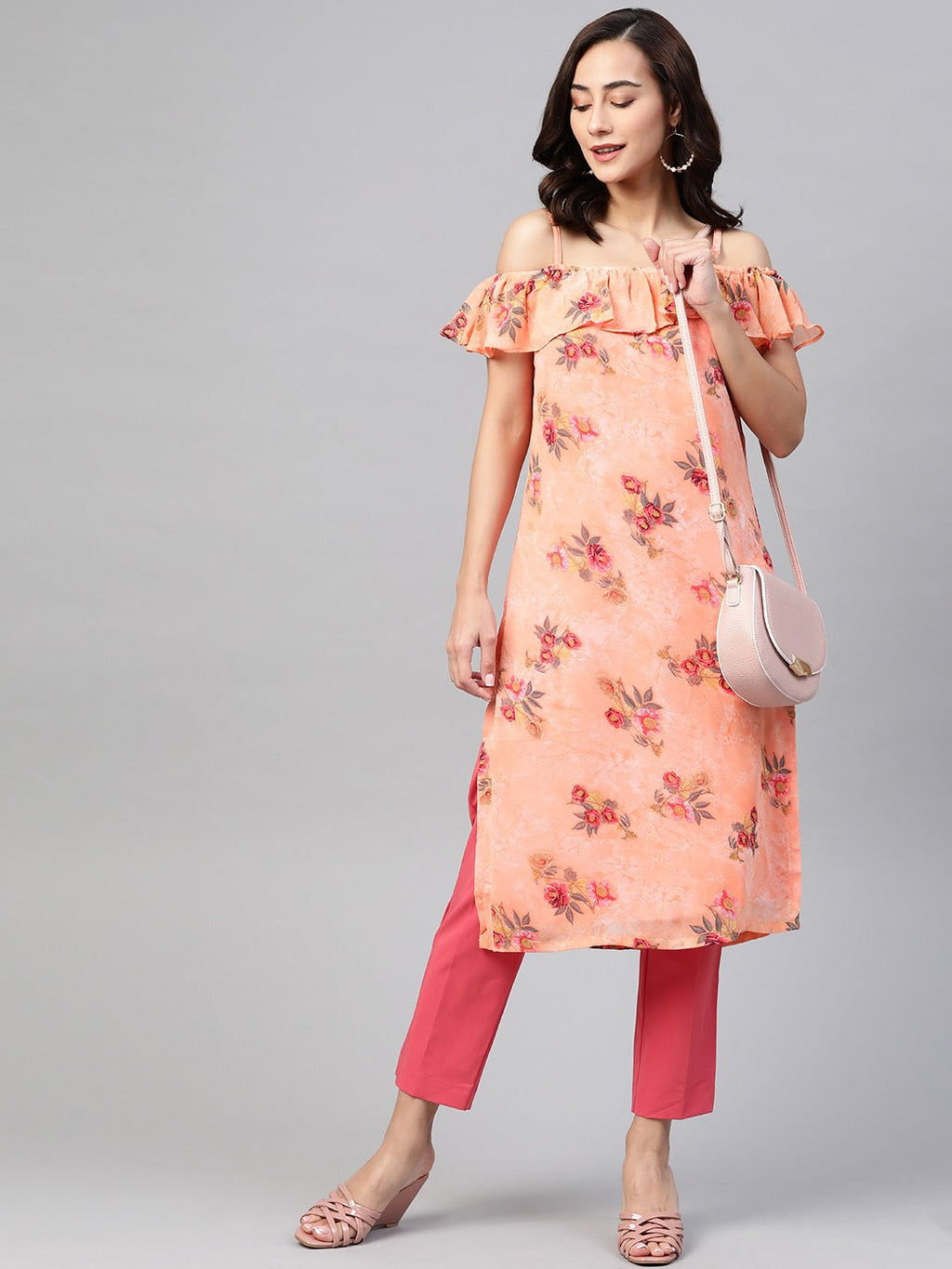 Jompers Women Peach-Coloured & Grey Floral Print Off-Shoulder Straight Kurta - Distacart