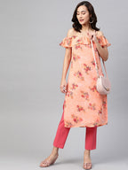 Jompers Women Peach-Coloured & Grey Floral Print Off-Shoulder Straight Kurta - Distacart