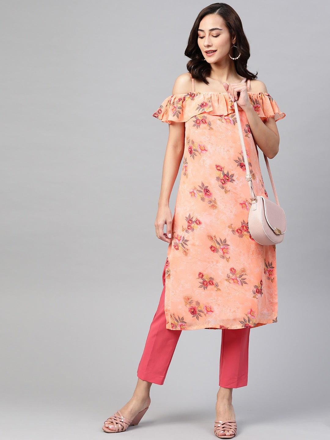 Jompers Women Peach-Coloured & Grey Floral Print Off-Shoulder Straight Kurta - Distacart