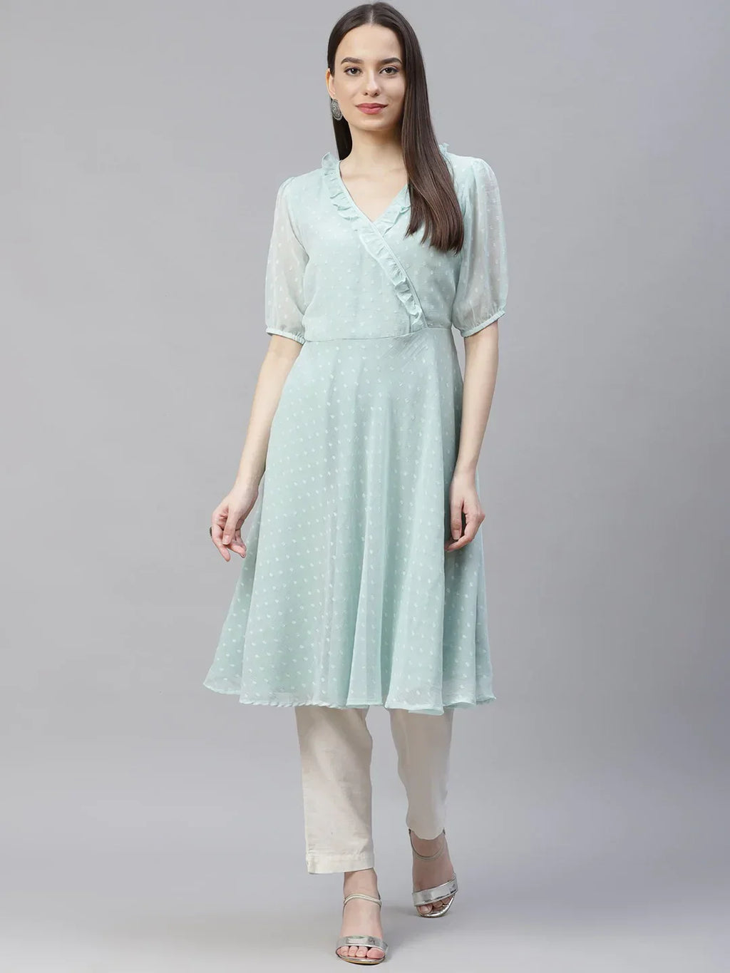 Jompers Women's Turquoise Blue Woven Design Flared Kurta