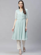 Jompers Women's Turquoise Blue Woven Design Flared Kurta