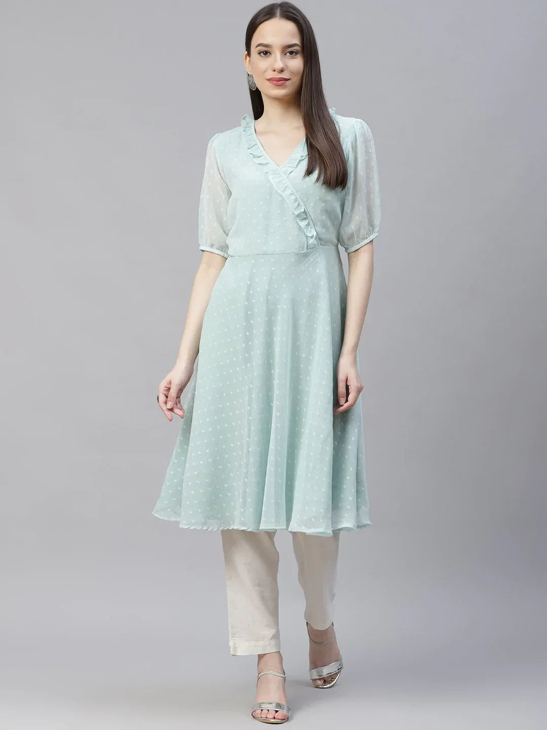 Jompers Women's Turquoise Blue Woven Design Flared Kurta
