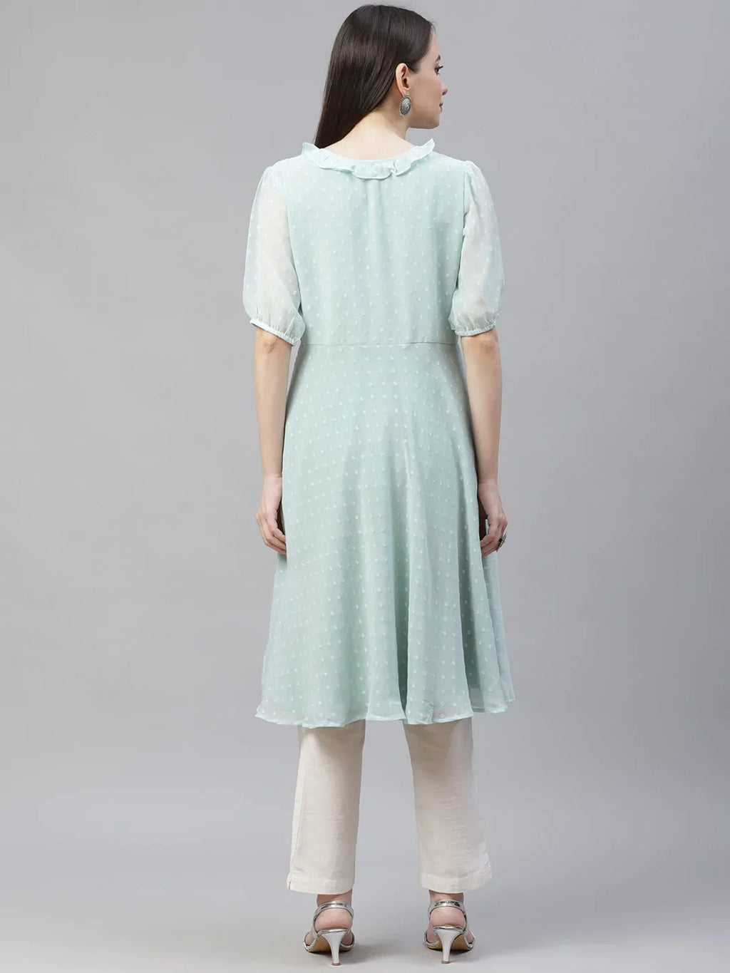 Jompers Women's Turquoise Blue Woven Design Flared Kurta