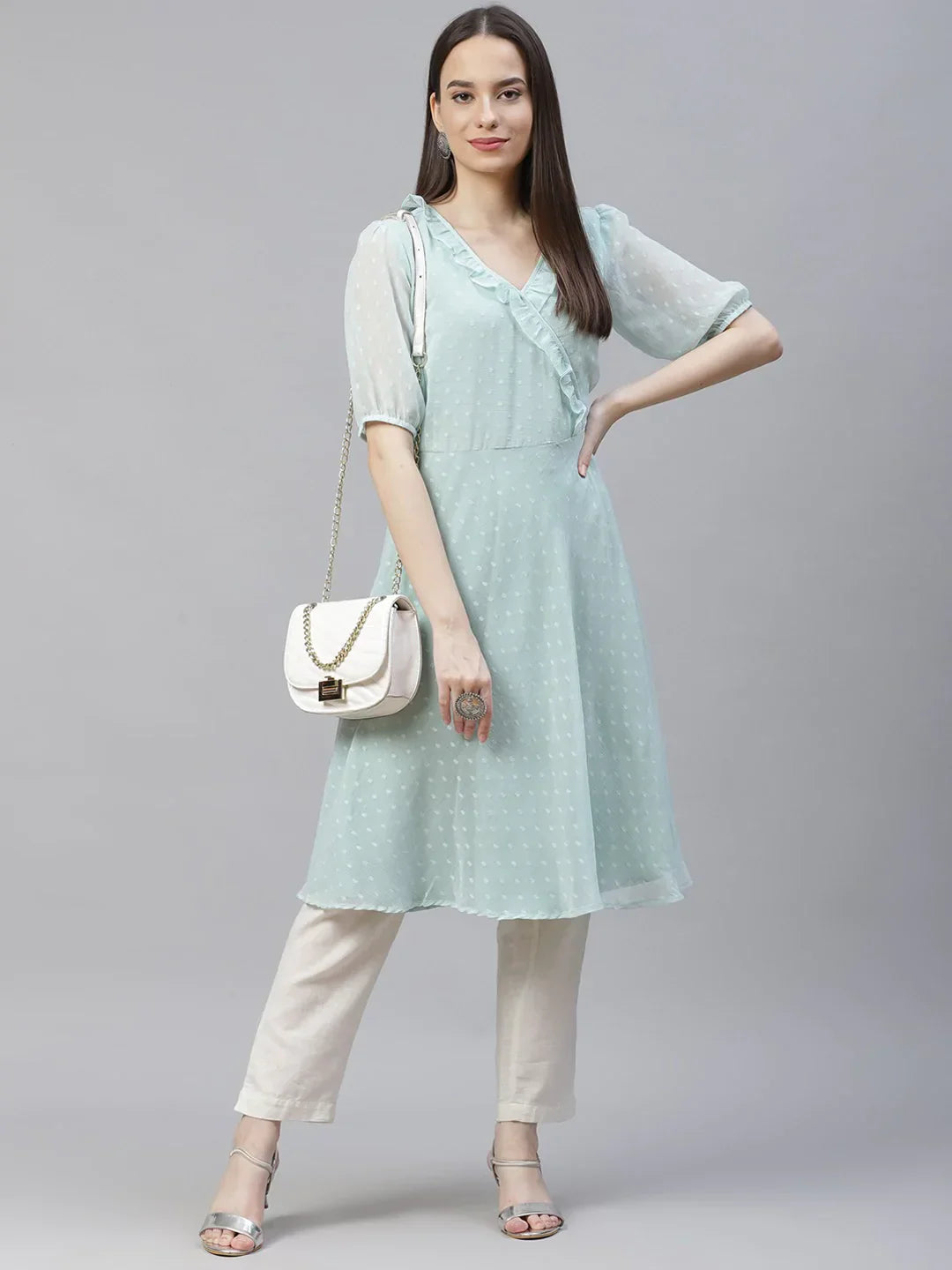 Jompers Women's Turquoise Blue Woven Design Flared Kurta